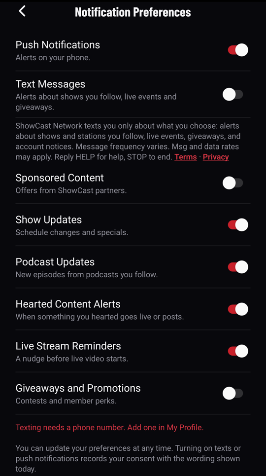 The ShowCast Network app's Notification Preferences screen, with Text Messages switched off and the text message disclosure under it